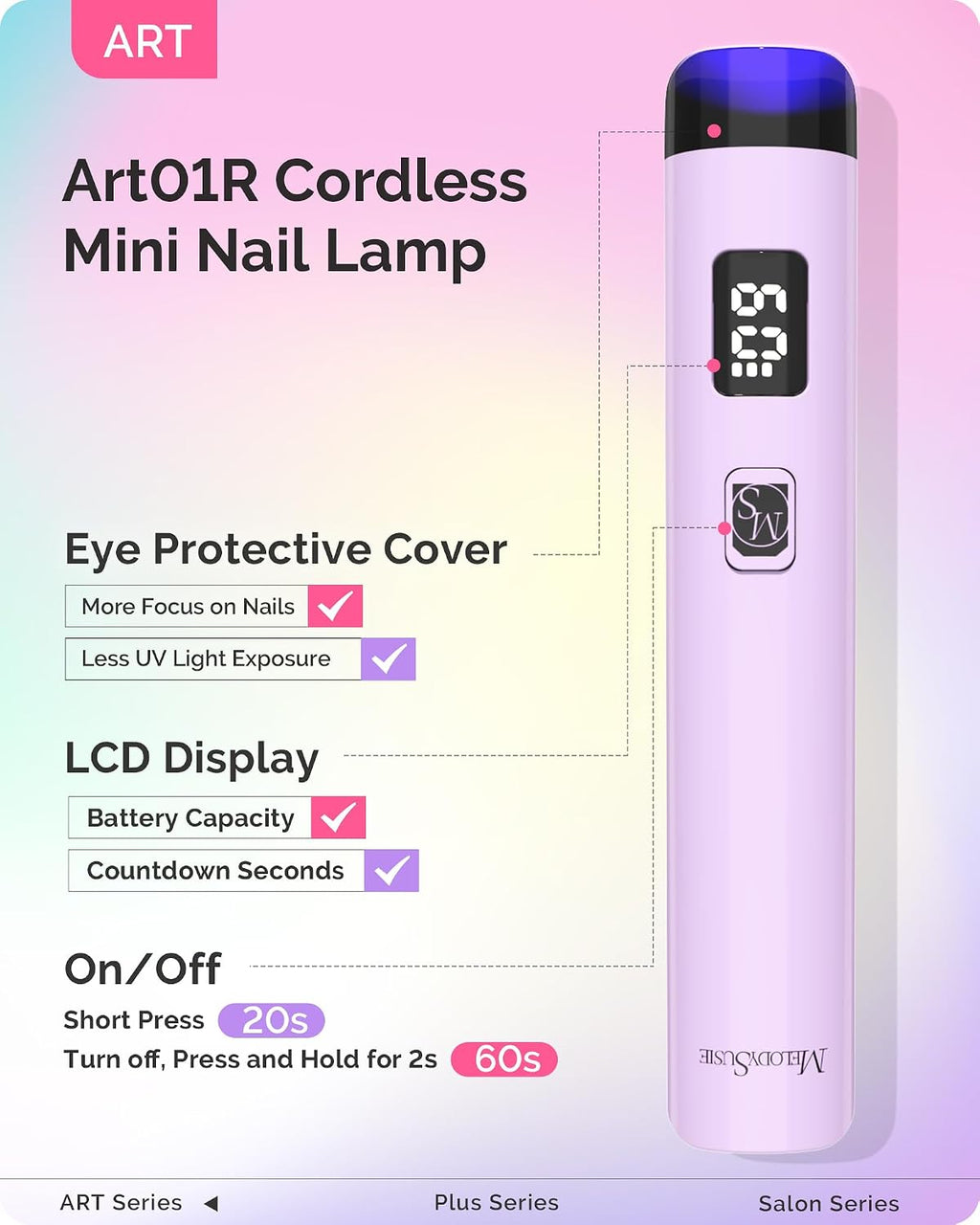 Handheld UV Light for Gel Nails and Nail Rhinestone Glue, ART01R Cordless Gel X Nail Lamp Rechargeable with LCD Display Flash Cure Nail Dryer for Nail Art Design Decoration DIY at Home
