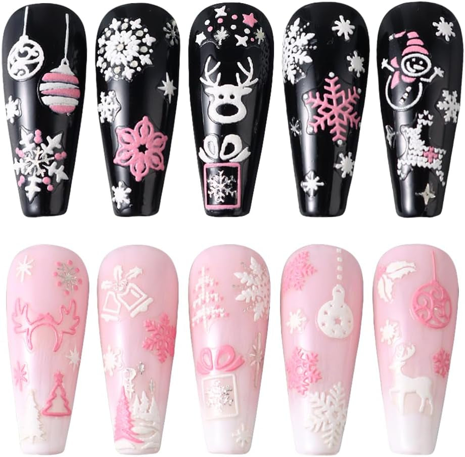 Christmas Nail Art Stickers, 8Sheets 5D Embossed Snowflake Nail Decals Pink White Snowflake Bell Elk Snowmen Xmas Tree Winter Nail Design DIY Luxurious Holiday Nail Decoration for Women Girls