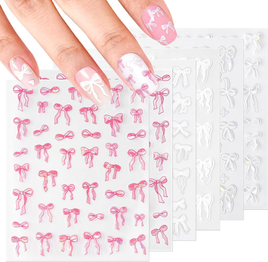 Bow Nail Stickers, 6 Sheets Aurora Shell Bow Stickers for Nails | Self-Adhesive Pink White Ribbon Bows Cute Nail Decals for Women Girl Gift Christmas Valentine'S Day Accessories Decoration