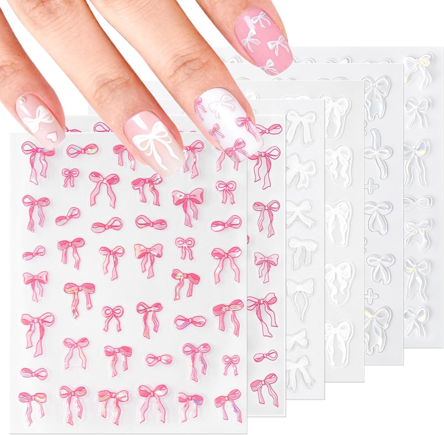 Bow Nail Stickers, 6 Sheets Aurora Shell Bow Stickers for Nails | Self-Adhesive Pink White Ribbon Bows Cute Nail Decals for Women Girl Gift Christmas Valentine'S Day Accessories Decoration