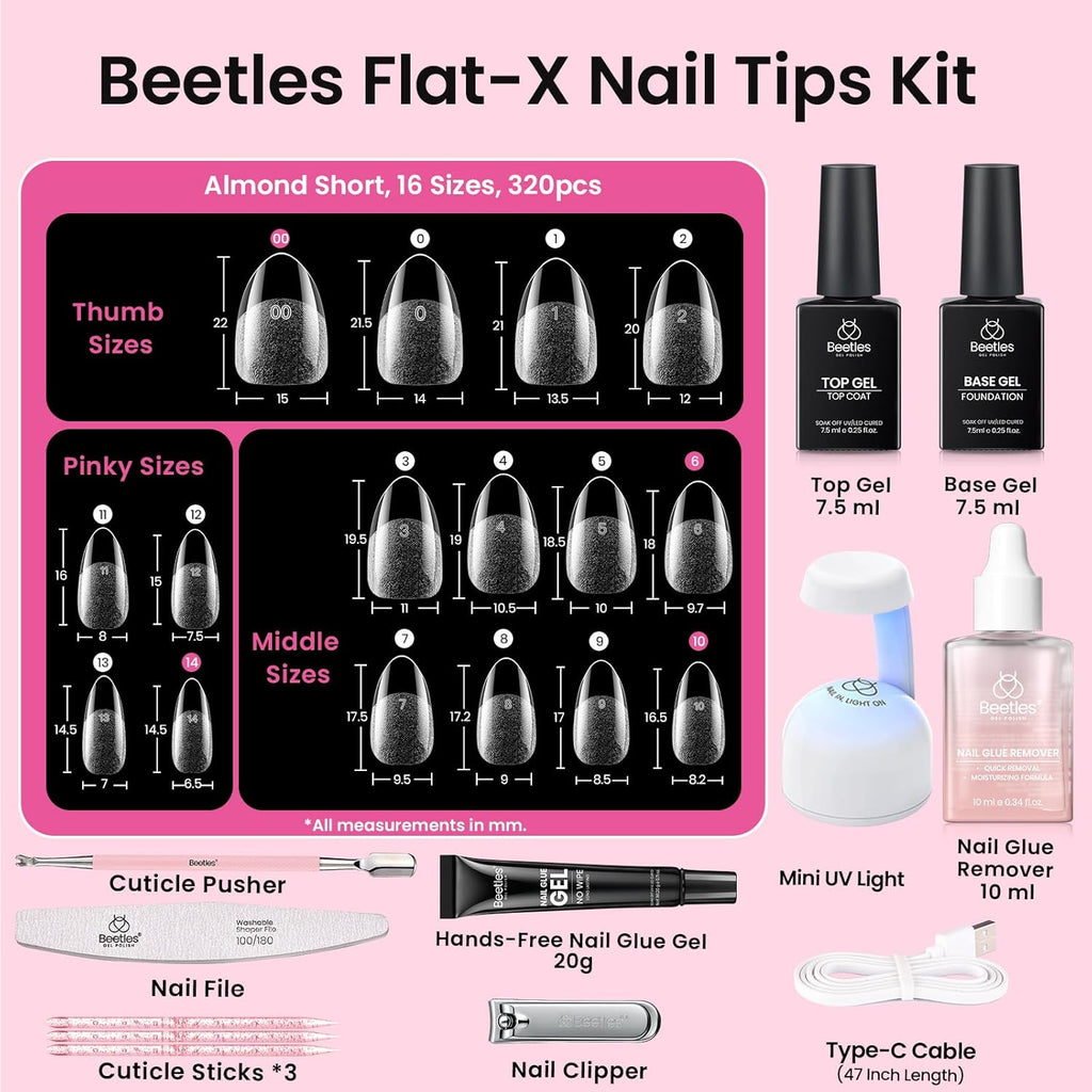 Beetles Gel Nail Kit Flat-X, Almond Short, 320Pcs 16 Sizes Nail Tips