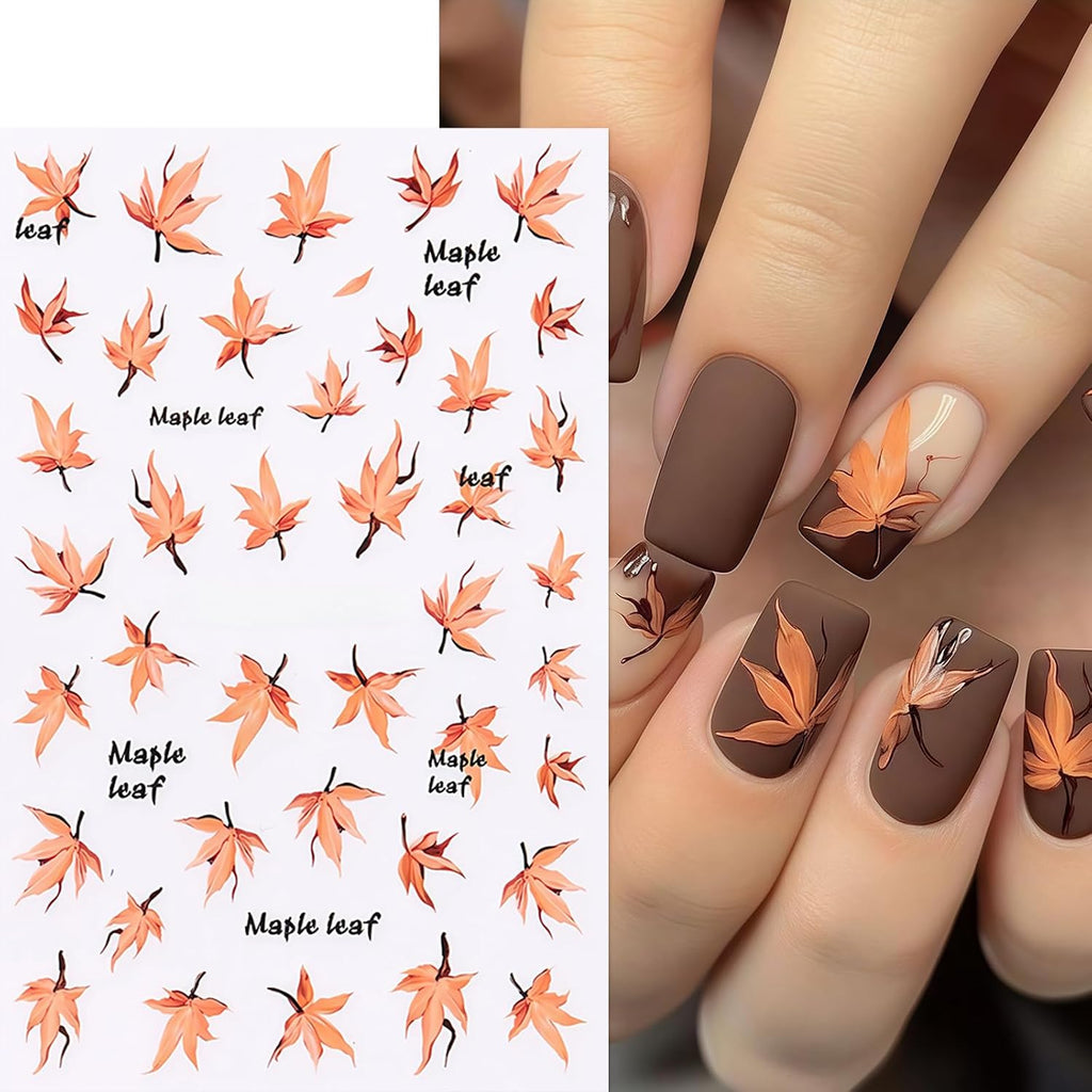 6Pcs Maple Leaf Nails Stickers,Fall Maple Leaf Nail Art Sticker Thanksgiving Pumpkin Nail Stickers for Nails Art Cute Fox Pine Mushroom Ginkgo Nail Decals Leaf Nails Design Nail Supplies for Women