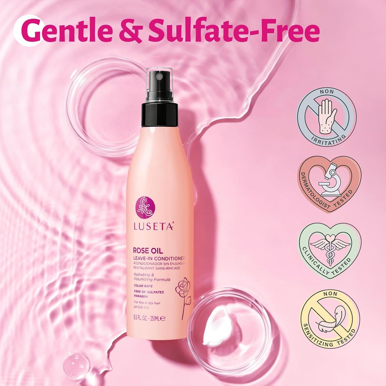 Luseta Rose Oil Leave-In Spray – Smooths Fine Hair & Adds Shine, 8.5Oz | Nourishes Fine, Dry Hair with Rose Oil, Adds Shine and Volume. Sulfate-Free, Paraben-Free, Color-Safe
