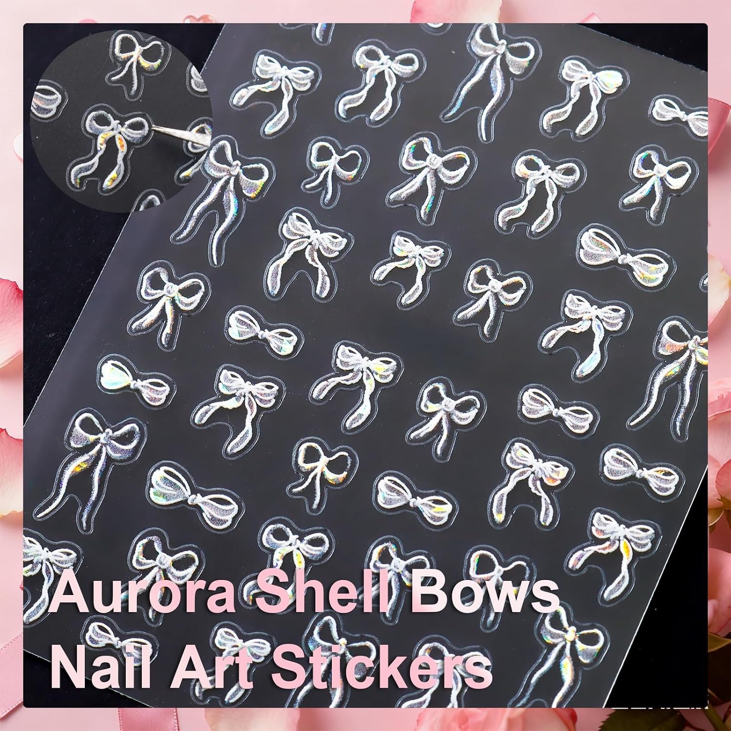 Bow Nail Stickers, 6 Sheets Aurora Shell Bow Stickers for Nails | Self-Adhesive Pink White Ribbon Bows Cute Nail Decals for Women Girl Gift Christmas Valentine'S Day Accessories Decoration