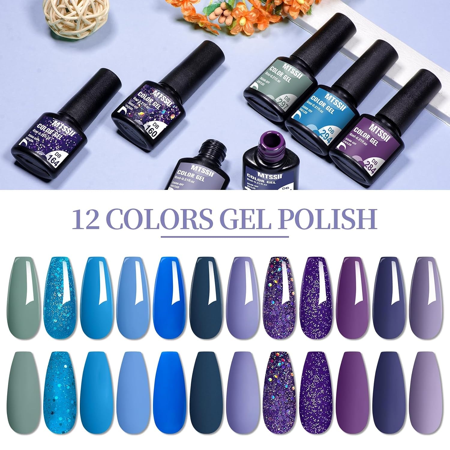 Gel Nail Polish Set 12 Colors Blue Purple Gel Polish Kit Baby Blue Lavender Dark Purple Glitter Gel Nail Polish Aquamarine Mermaid Soak off Uv LED Gel Manicure DIY Nail Home
