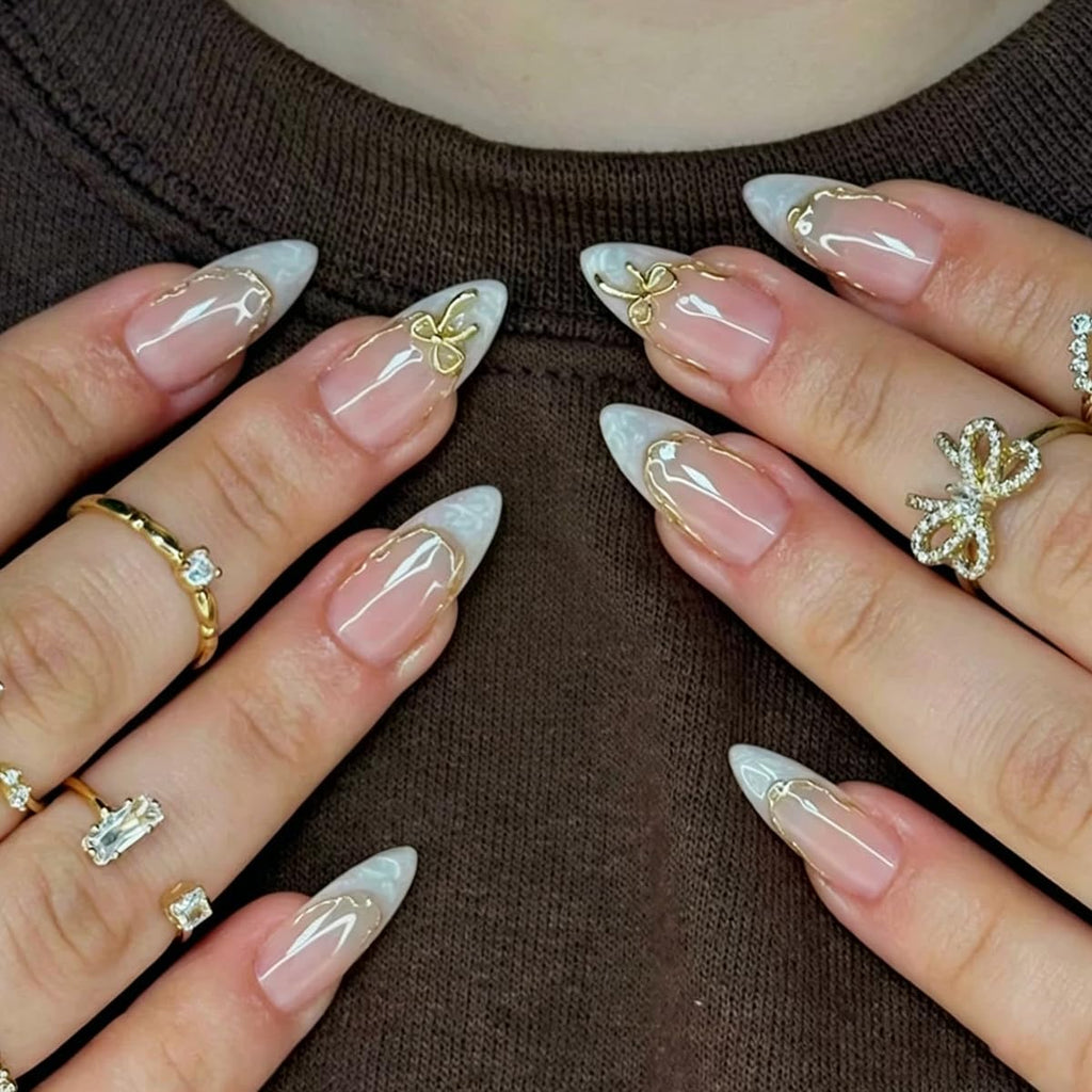 White French Tip Press on Nails Medium Almond Fake Nails with 3D Bow Acrylic Nails Design Cute Glue on Nails French False Nails Artificial Gold Line Stick on Nails Kit for Women Nail Decoration 24Pcs