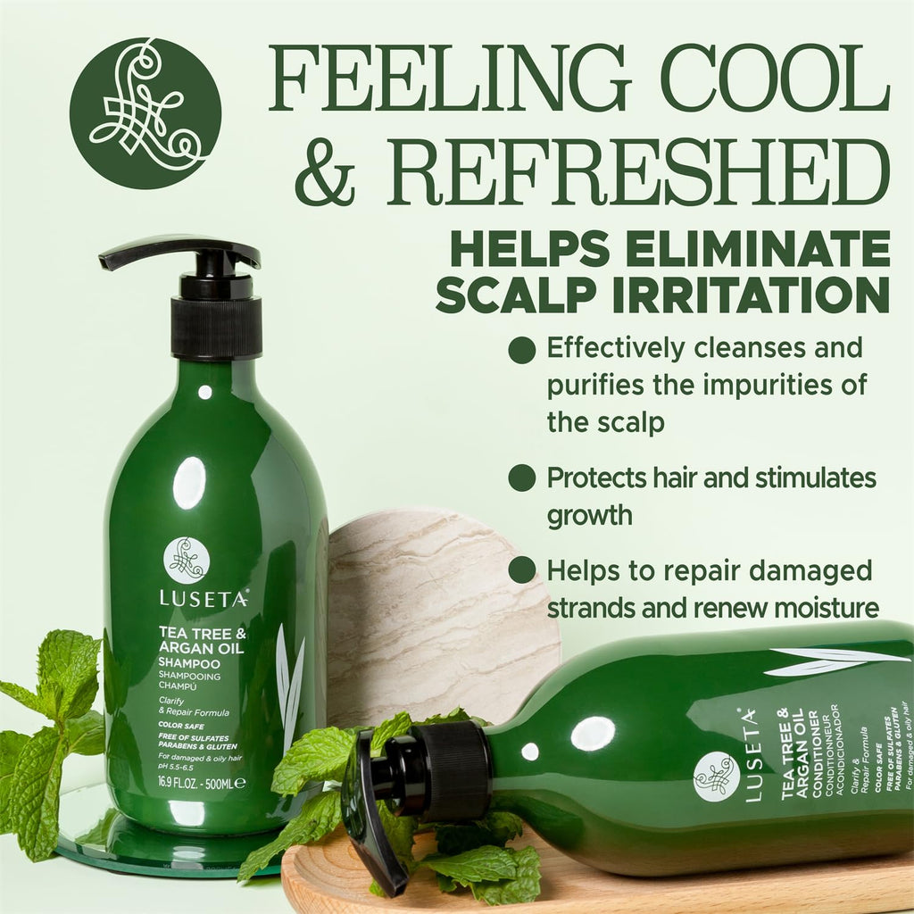 Tea Tree Oil Shampoo and Conditioner Set for Flaky, Dry Scalp - Cooling Peppermint & Lavender, Refreshes Scalp & Removes Buildup, Sulfate-Free, 2 X 16.9 Oz