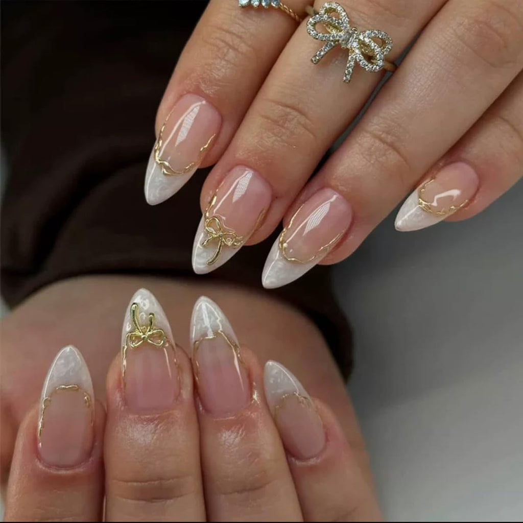 White French Tip Press on Nails Medium Almond Fake Nails with 3D Bow Acrylic Nails Design Cute Glue on Nails French False Nails Artificial Gold Line Stick on Nails Kit for Women Nail Decoration 24Pcs