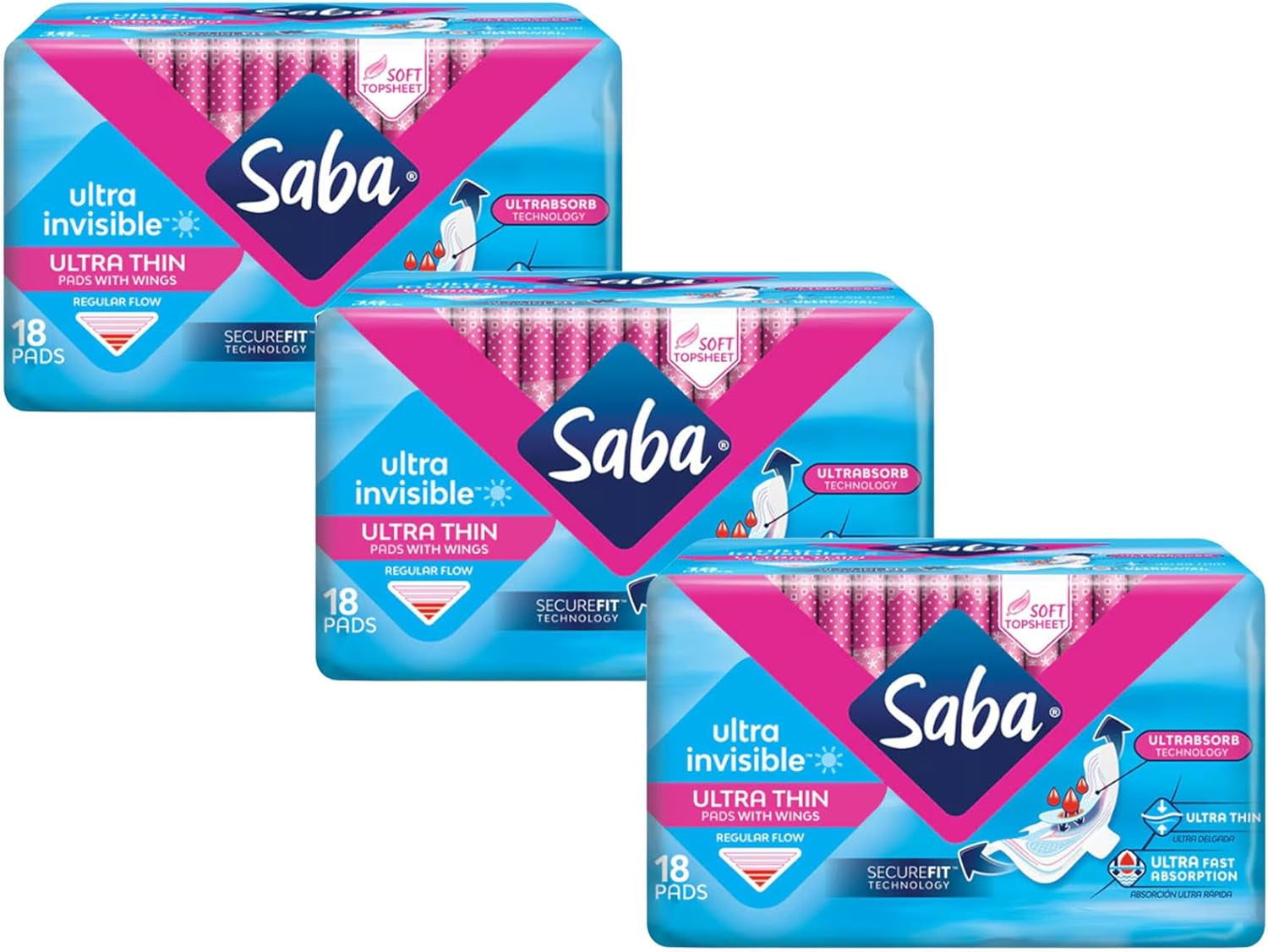 Ultra Invisible Ultra Thin Regular Pads with Wings, Securefit Technology, 3-Pack of 18 Pads (54 Count)