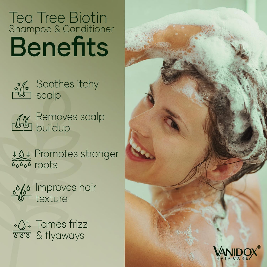 Tea Tree Oil Shampoo and Conditioner Set with Biotin, DHT Blockers, Itchy Scalp Relief, Supports Thicker-Looking Hair, Cleanses Dandruff & Buildup, for Men & Women, Made in USA, 16 Fl Oz Each