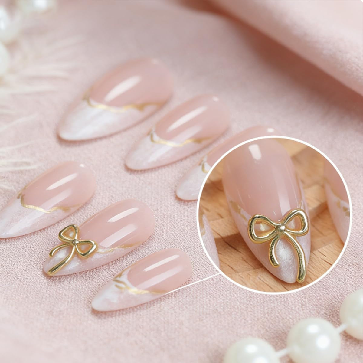 White French Tip Press on Nails Medium Almond Fake Nails with 3D Bow Acrylic Nails Design Cute Glue on Nails French False Nails Artificial Gold Line Stick on Nails Kit for Women Nail Decoration 24Pcs
