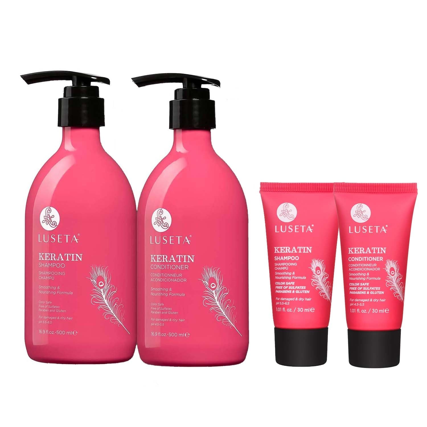 Luseta Keratin Shampoo & Conditioner Set for Damaged Hair, Smooth Care | Full & Travel Sizes (2X16.9 FL Oz + 2X1.01 FL Oz), Color Safe, Nourishing Care, Adds Shine, Sulfate Free