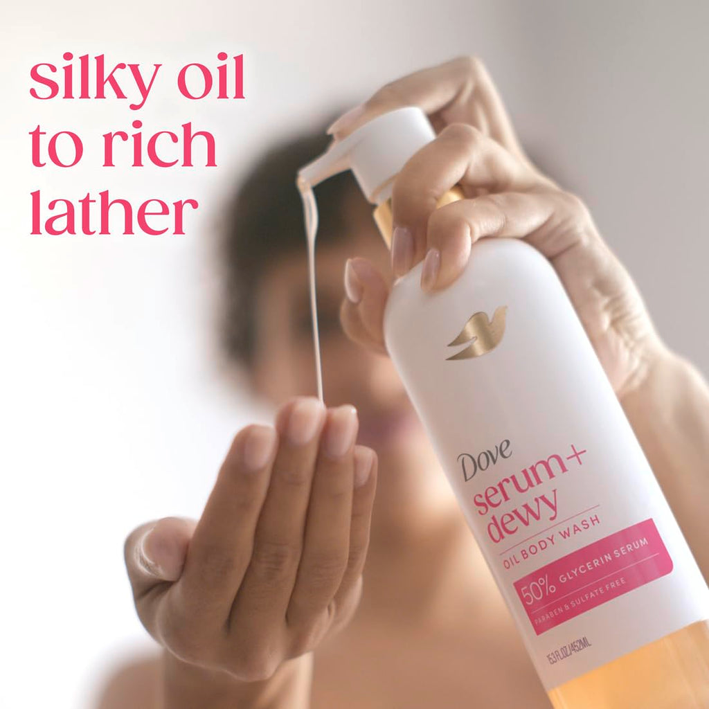 Dove Serum+ Dewy Shower Oil Body Wash, Coconut & Geranium Oil, 15.3 Fl Oz