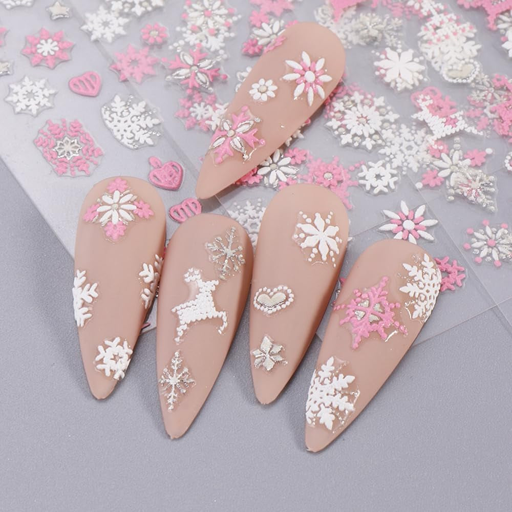 Christmas Nail Art Stickers, 8Sheets 5D Embossed Snowflake Nail Decals Pink White Snowflake Bell Elk Snowmen Xmas Tree Winter Nail Design DIY Luxurious Holiday Nail Decoration for Women Girls