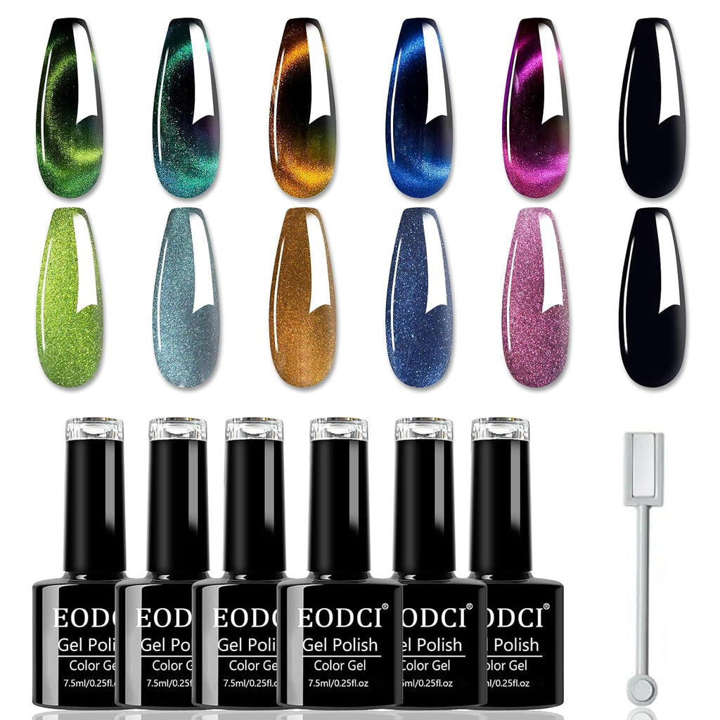 9D Cat Eye Gel Nail Polish, 7.5Ml*6 with Magnets Stick, Galaxy Chameleon Effect Silky Cat Eye Nail Gel Soak off Nail Art Salon Manicure Home Ladies Gift