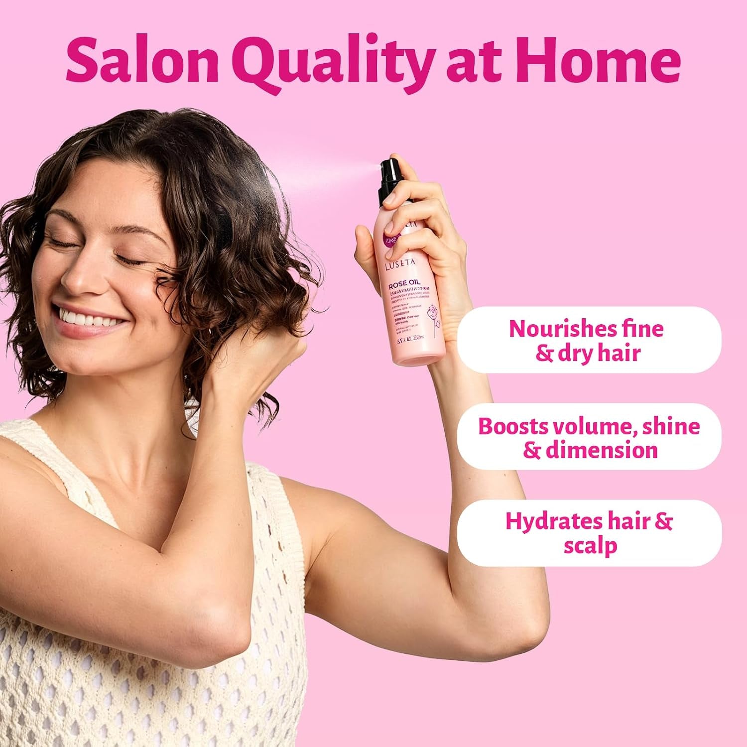 Luseta Rose Oil Leave-In Spray – Smooths Fine Hair & Adds Shine, 8.5Oz | Nourishes Fine, Dry Hair with Rose Oil, Adds Shine and Volume. Sulfate-Free, Paraben-Free, Color-Safe