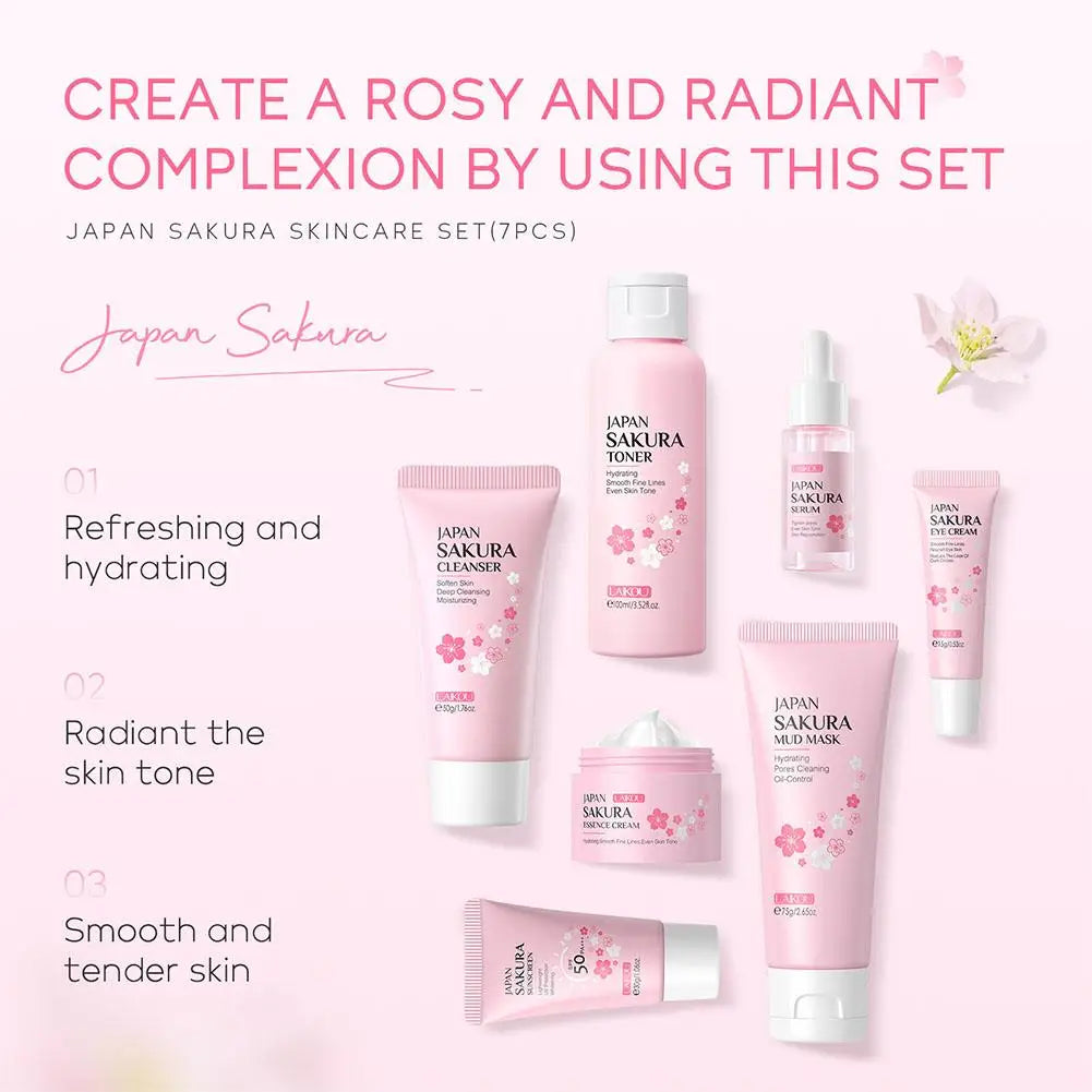 7Pcs Facial Skin Care Set Gentle Skin Cleaning Travel Skincare Set for Girls W/ Cleanser Toner Face Serum Cream Eye Cream