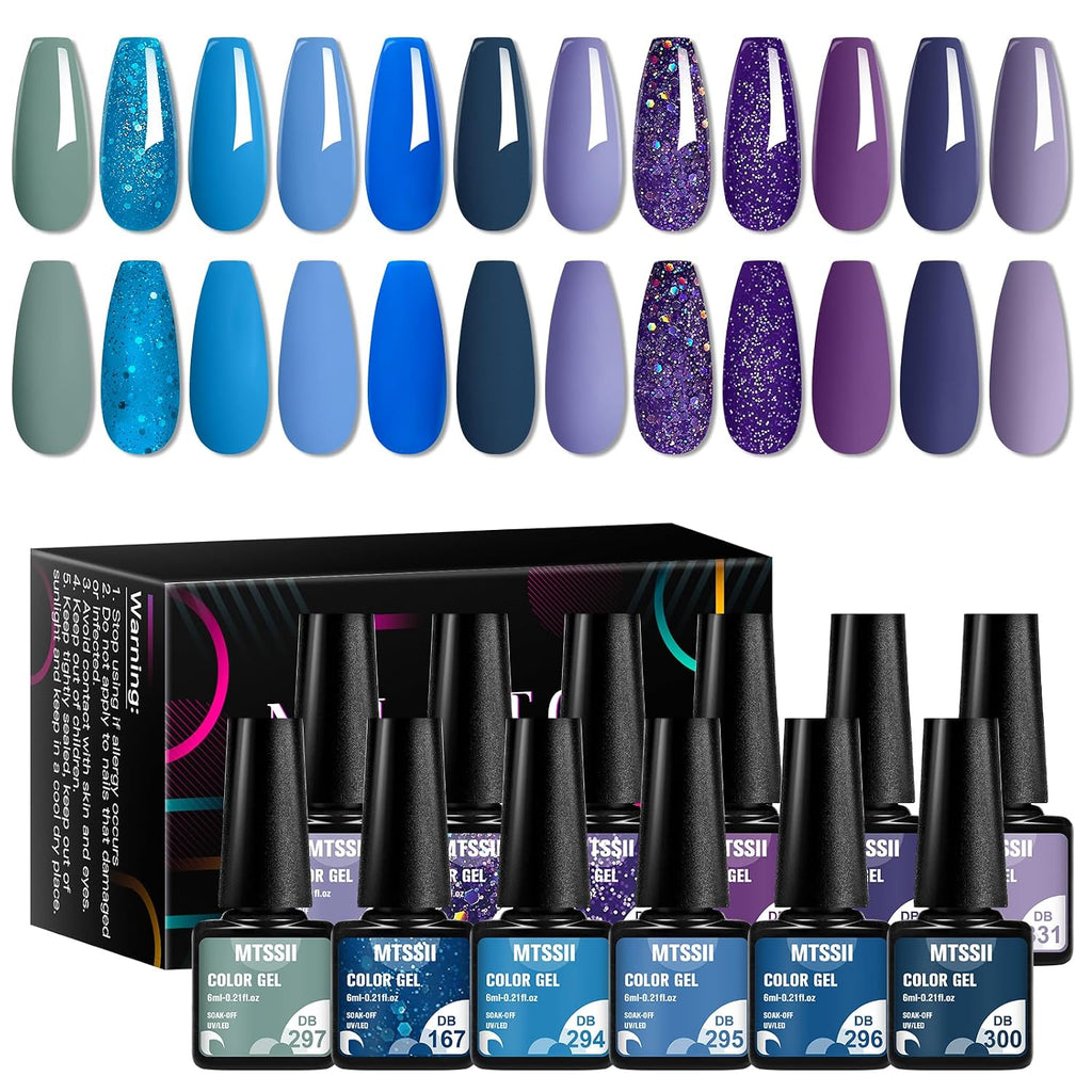 Gel Nail Polish Set 12 Colors Blue Purple Gel Polish Kit Baby Blue Lavender Dark Purple Glitter Gel Nail Polish Aquamarine Mermaid Soak off Uv LED Gel Manicure DIY Nail Home