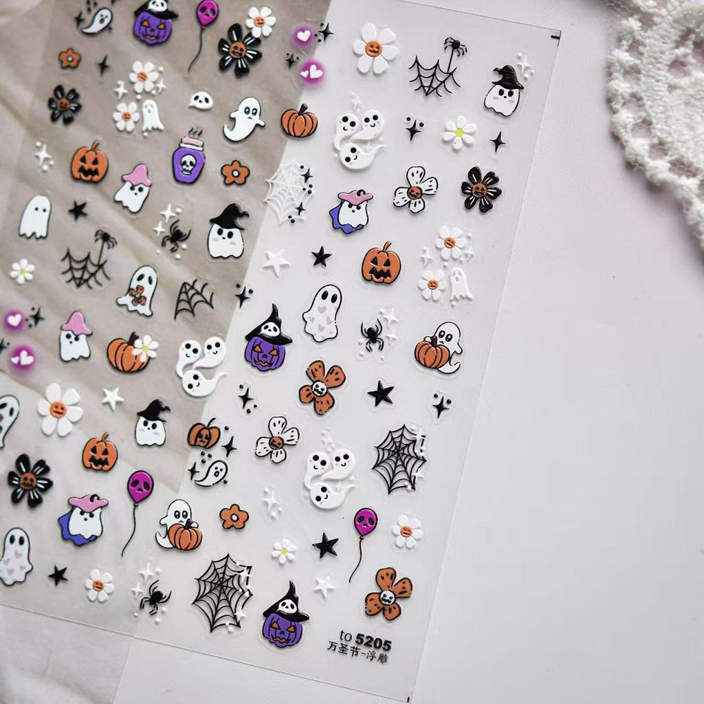 Halloween Ghost Nail Art Stickers 5D Embossed Pumpkin Nail Stickers Self-Adhesive Skull Flower Nail Decals Spider Spider Web DIY Holiday Party Nail Supplies Accessories for Women and Kids 2 Sheet