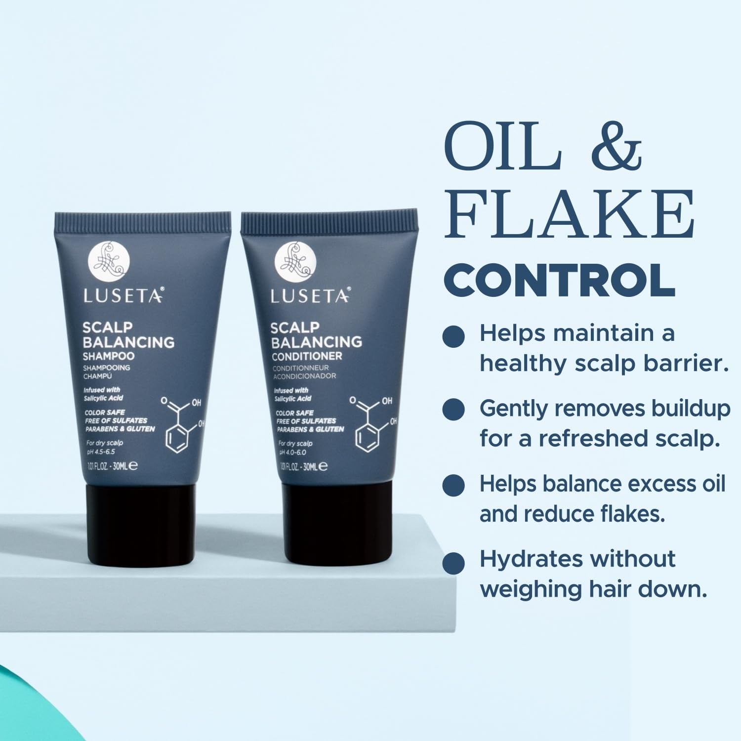 Scalp-Balancing Travel Size Shampoo and Conditioner Set for Women, Salicylic Acid Travel Shampoo and Conditioner, Anti-Dandruff Shampoo for Men, Clarifying, Ph-Balanced, 2 X 1.01 Fl Oz