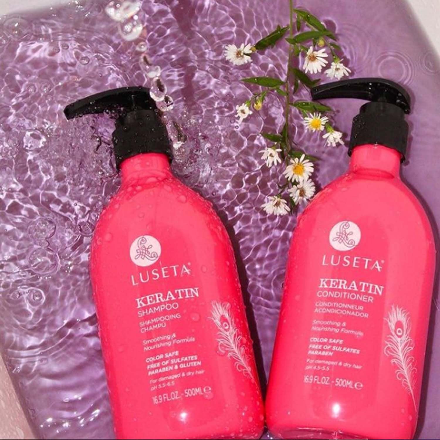 Luseta Keratin Shampoo & Conditioner Set for Damaged Hair, Smooth Care | Full & Travel Sizes (2X16.9 FL Oz + 2X1.01 FL Oz), Color Safe, Nourishing Care, Adds Shine, Sulfate Free