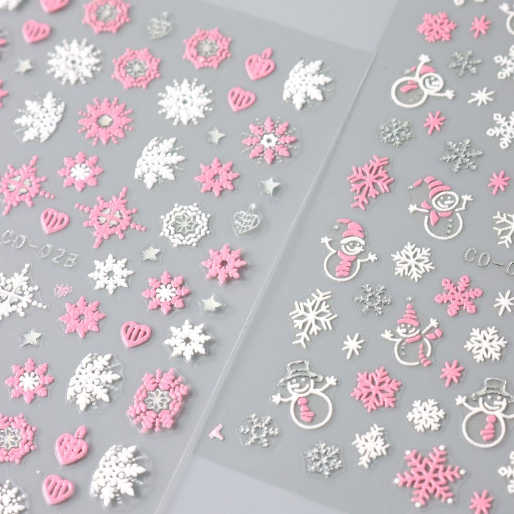 Christmas Nail Art Stickers, 8Sheets 5D Embossed Snowflake Nail Decals Pink White Snowflake Bell Elk Snowmen Xmas Tree Winter Nail Design DIY Luxurious Holiday Nail Decoration for Women Girls