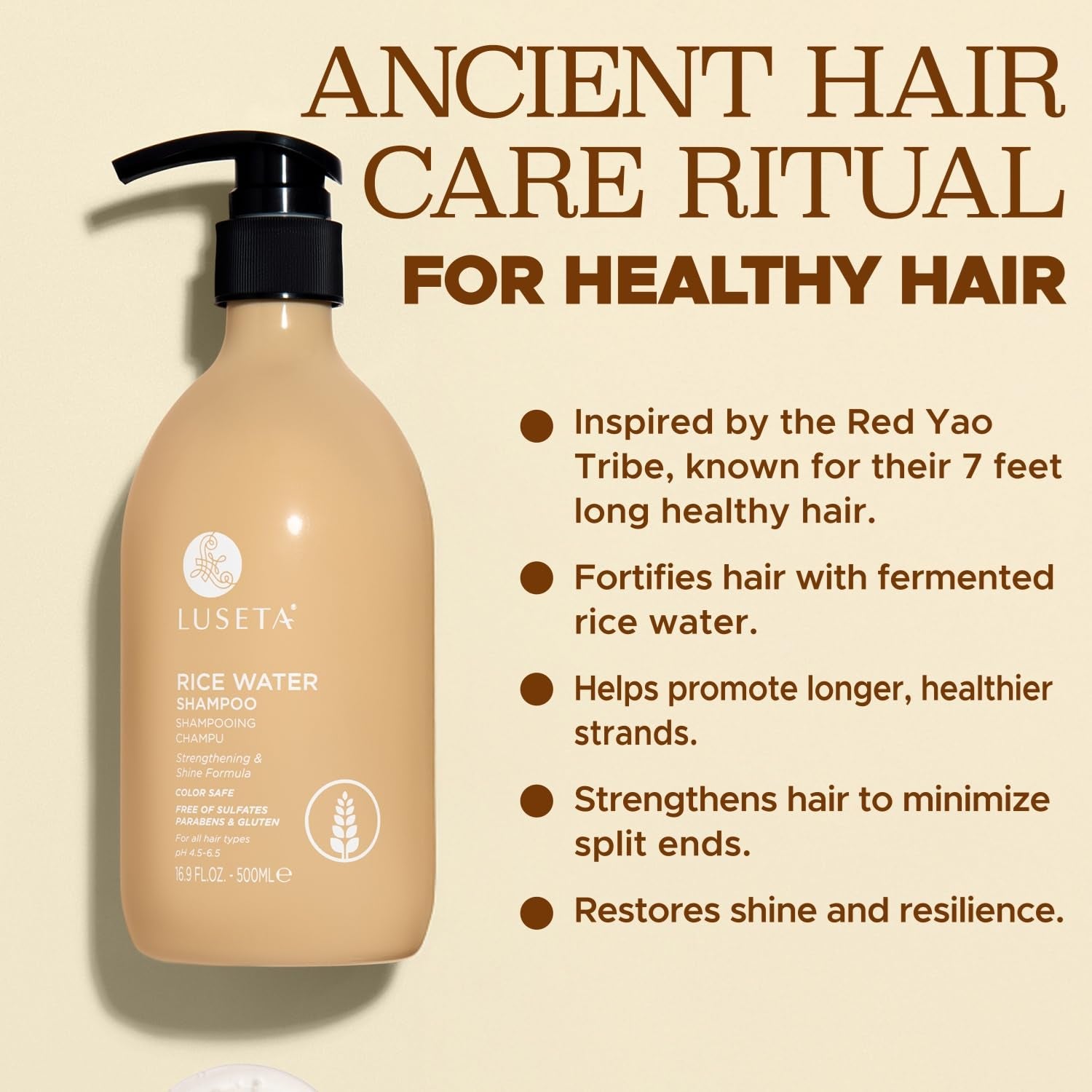Luseta Rice Water Shampoo Strengthening & Nourishing Revitalizes Shine for All Hair Types Hydrating & Frizz Control for Women and Men 16.9Oz