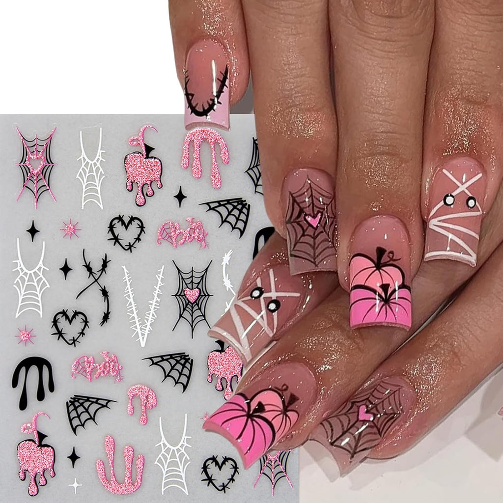 8Sheets Halloween Nail Stickers for Nail Art Black White Spider Web Nail Decals Black Pink Stars Love Rhinestones Spider Design Nail Supplies Bats Nail Art Stickers for Women DIY Manicure Decorations