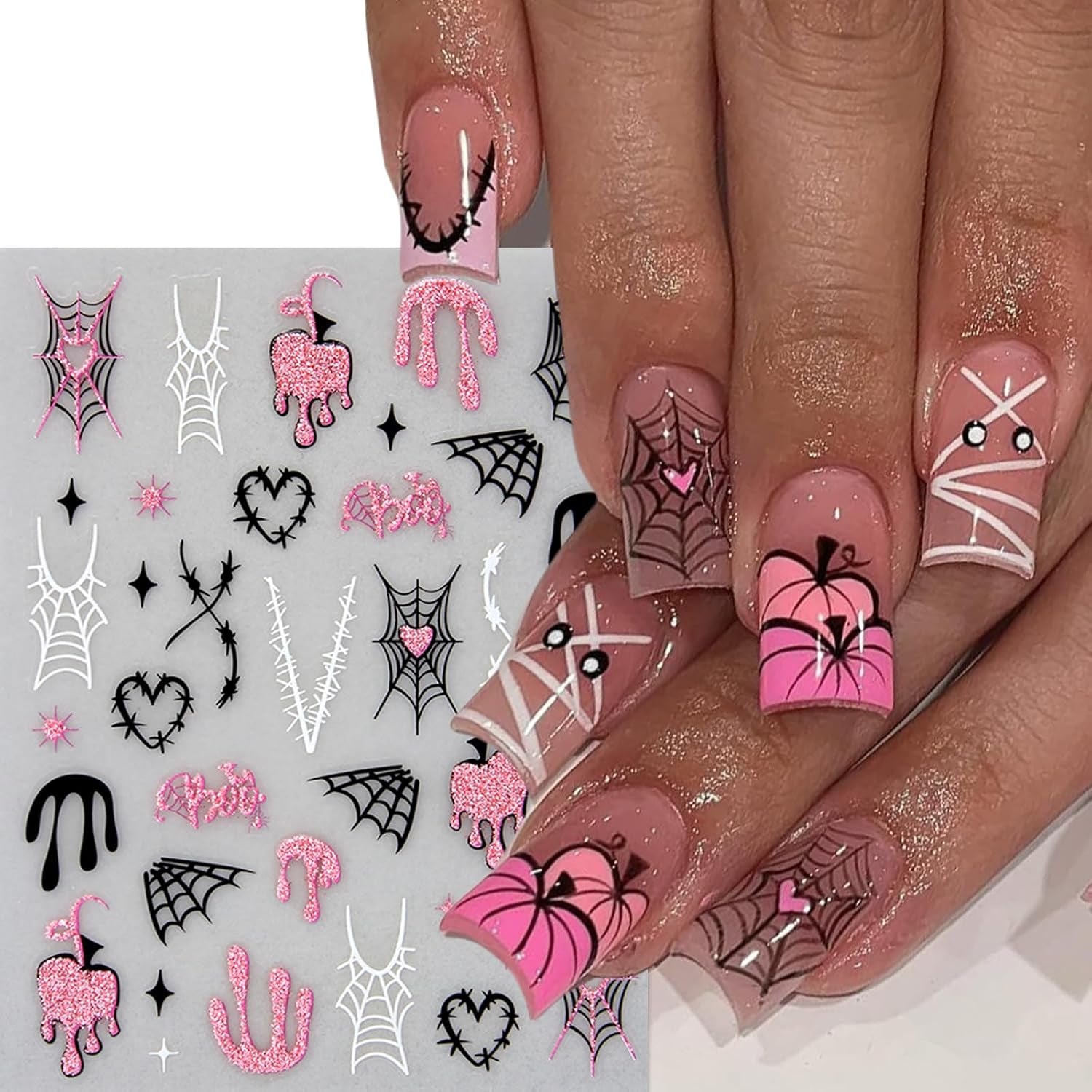 8Sheets Halloween Nail Stickers for Nail Art Black White Spider Web Nail Decals Black Pink Stars Love Rhinestones Spider Design Nail Supplies Bats Nail Art Stickers for Women DIY Manicure Decorations