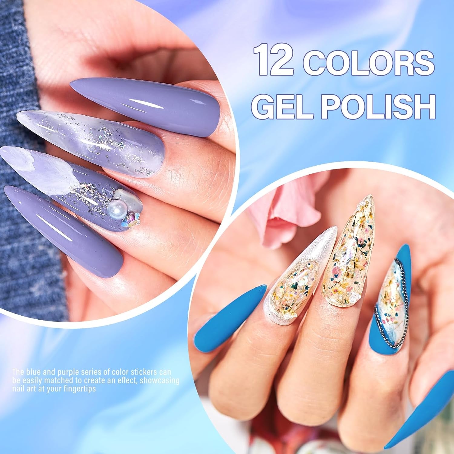 Gel Nail Polish Set 12 Colors Blue Purple Gel Polish Kit Baby Blue Lavender Dark Purple Glitter Gel Nail Polish Aquamarine Mermaid Soak off Uv LED Gel Manicure DIY Nail Home
