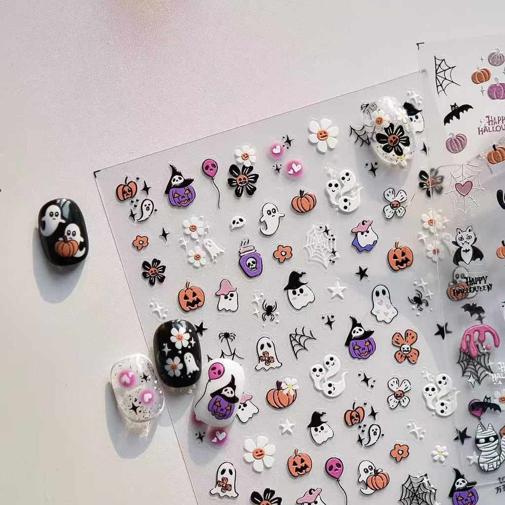 Halloween Ghost Nail Art Stickers 5D Embossed Pumpkin Nail Stickers Self-Adhesive Skull Flower Nail Decals Spider Spider Web DIY Holiday Party Nail Supplies Accessories for Women and Kids 2 Sheet