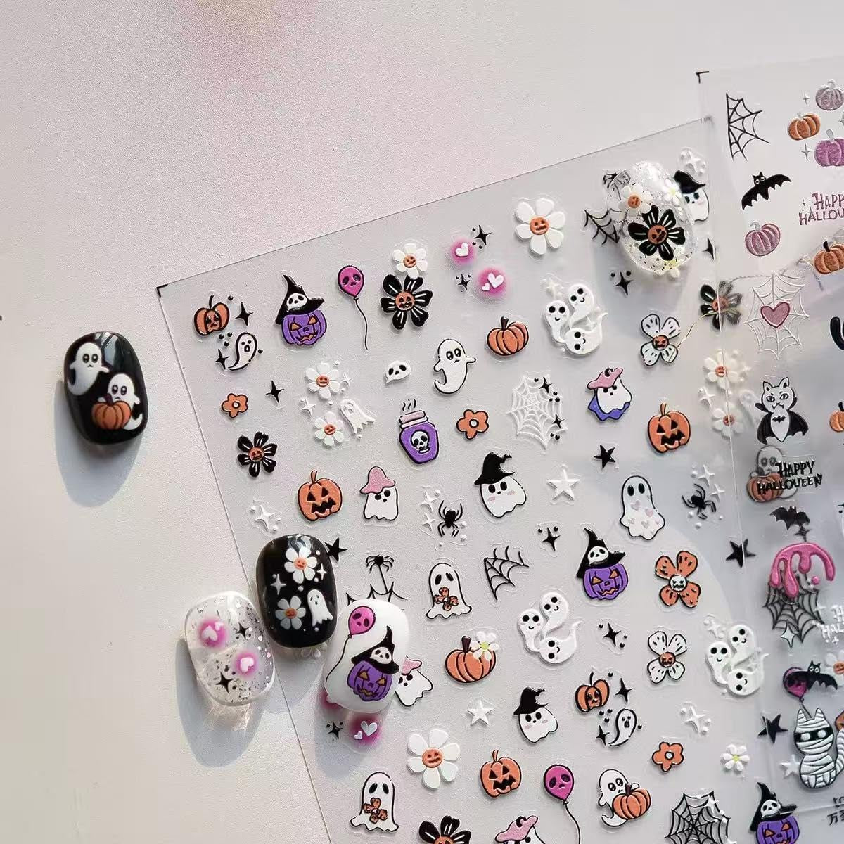 Halloween Ghost Nail Art Stickers 5D Embossed Pumpkin Nail Stickers Self-Adhesive Skull Flower Nail Decals Spider Spider Web DIY Holiday Party Nail Supplies Accessories for Women and Kids 2 Sheet