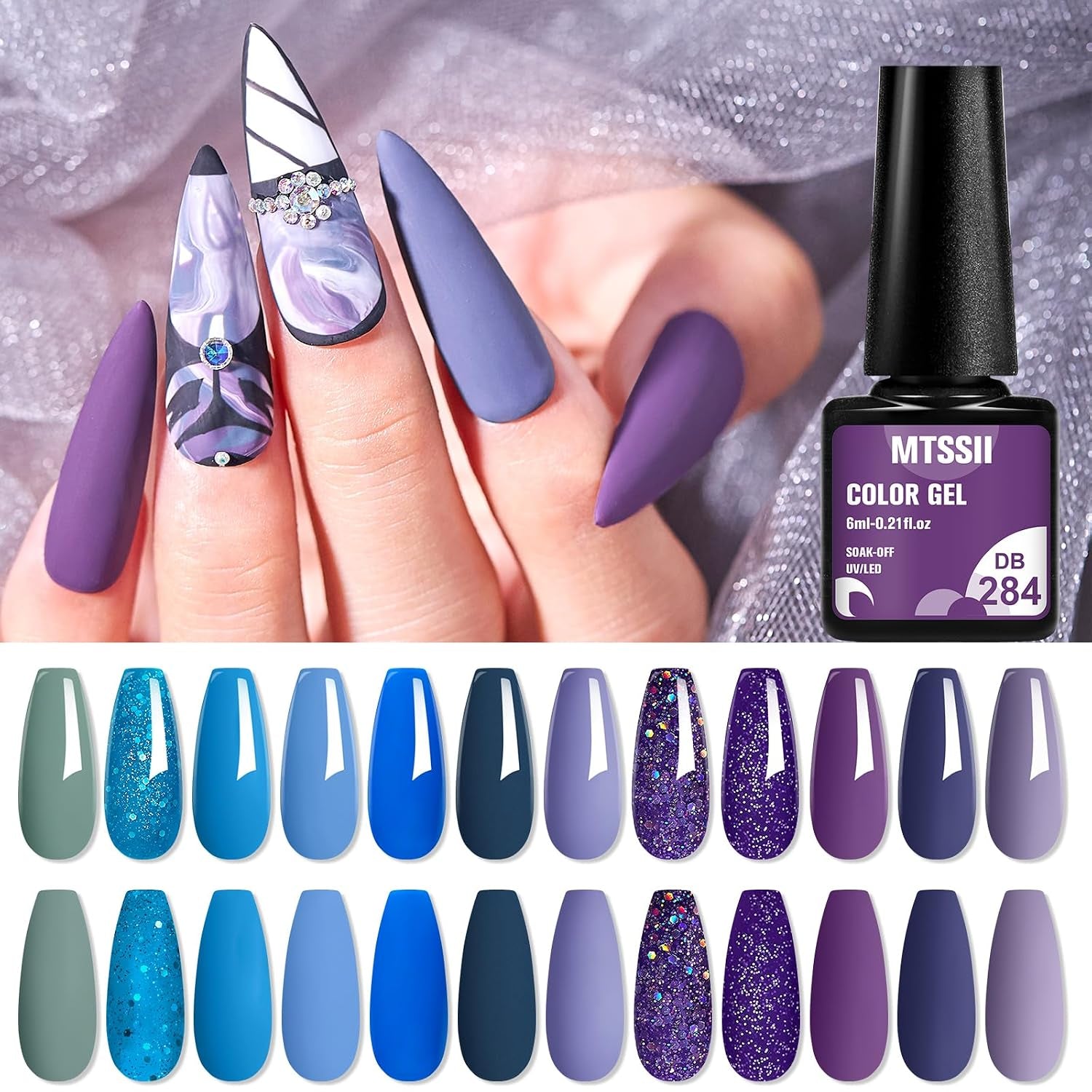 Gel Nail Polish Set 12 Colors Blue Purple Gel Polish Kit Baby Blue Lavender Dark Purple Glitter Gel Nail Polish Aquamarine Mermaid Soak off Uv LED Gel Manicure DIY Nail Home