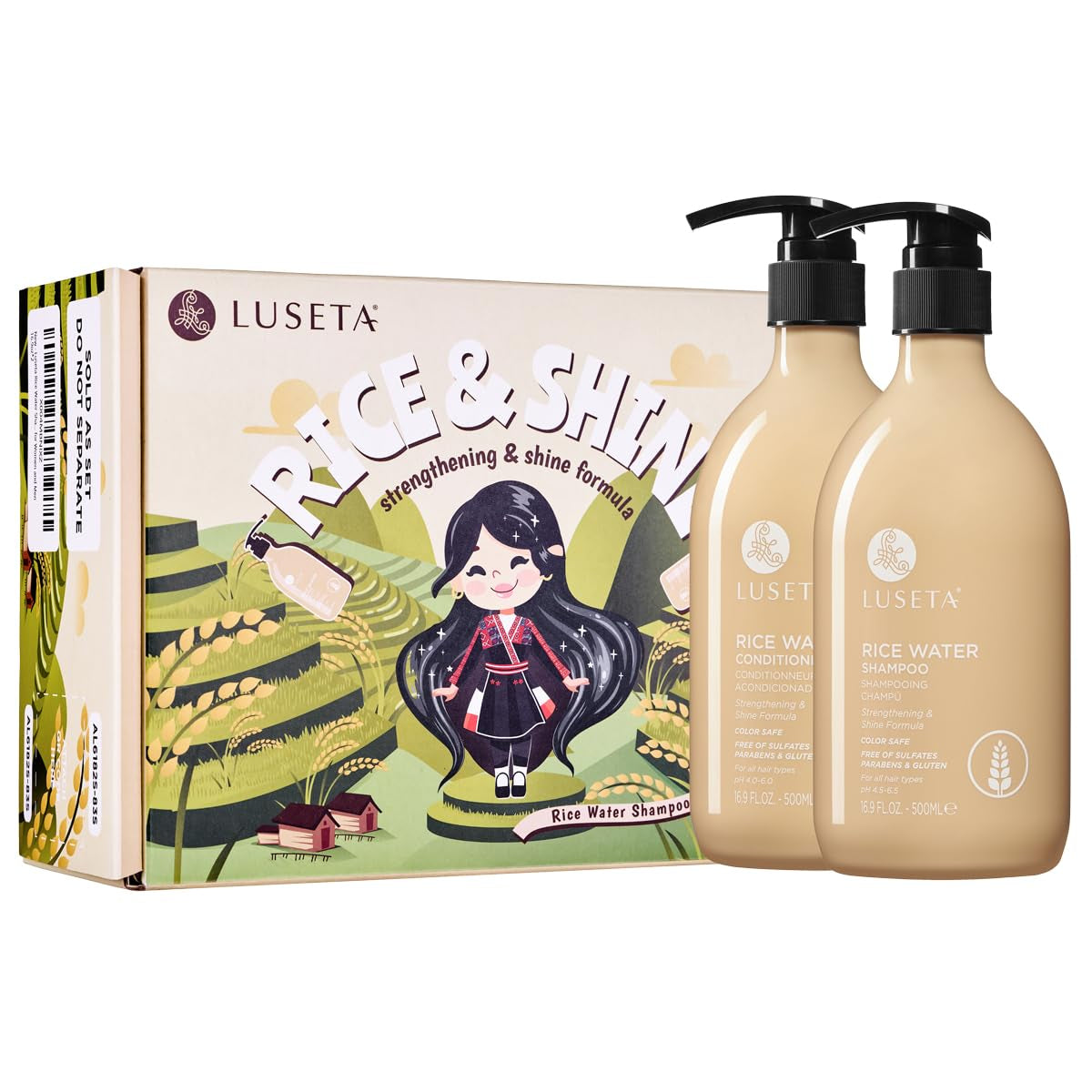 LUSETA Rice Water Shampoo and Conditioner Set for Hair Volume, Strengthening, Nourishing for Hair, Hydrating & Frizz Control, Revitalizes Shine, for All Hair Types Women and Men 16.8Oz*2