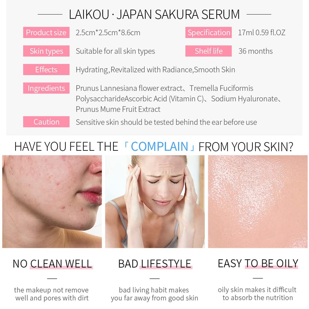 Sakura Face Fluid Essence Moisturizing Skin Shining Cherry Blossom Hyaluronic Acid Serum Essence Shrink Pores Tightening Skin Face Solution (17Ml)