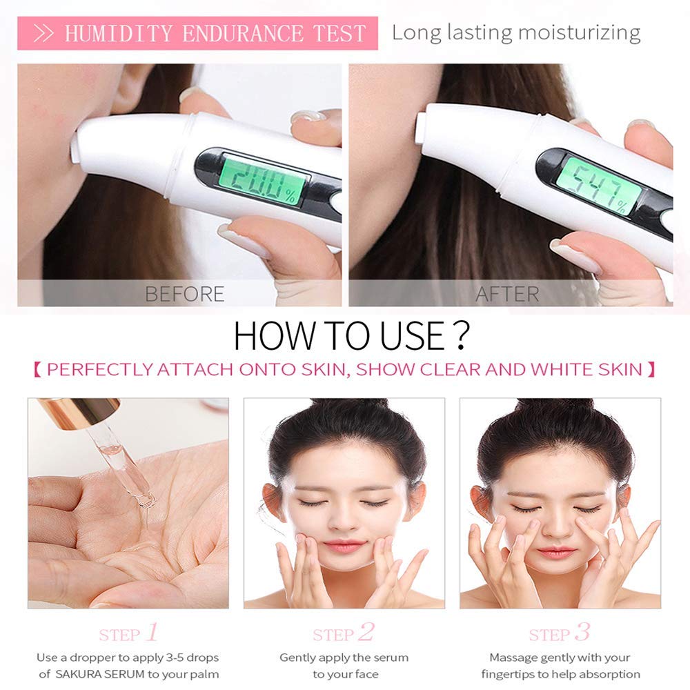 Sakura Face Fluid Essence Moisturizing Skin Shining Cherry Blossom Hyaluronic Acid Serum Essence Shrink Pores Tightening Skin Face Solution (17Ml)