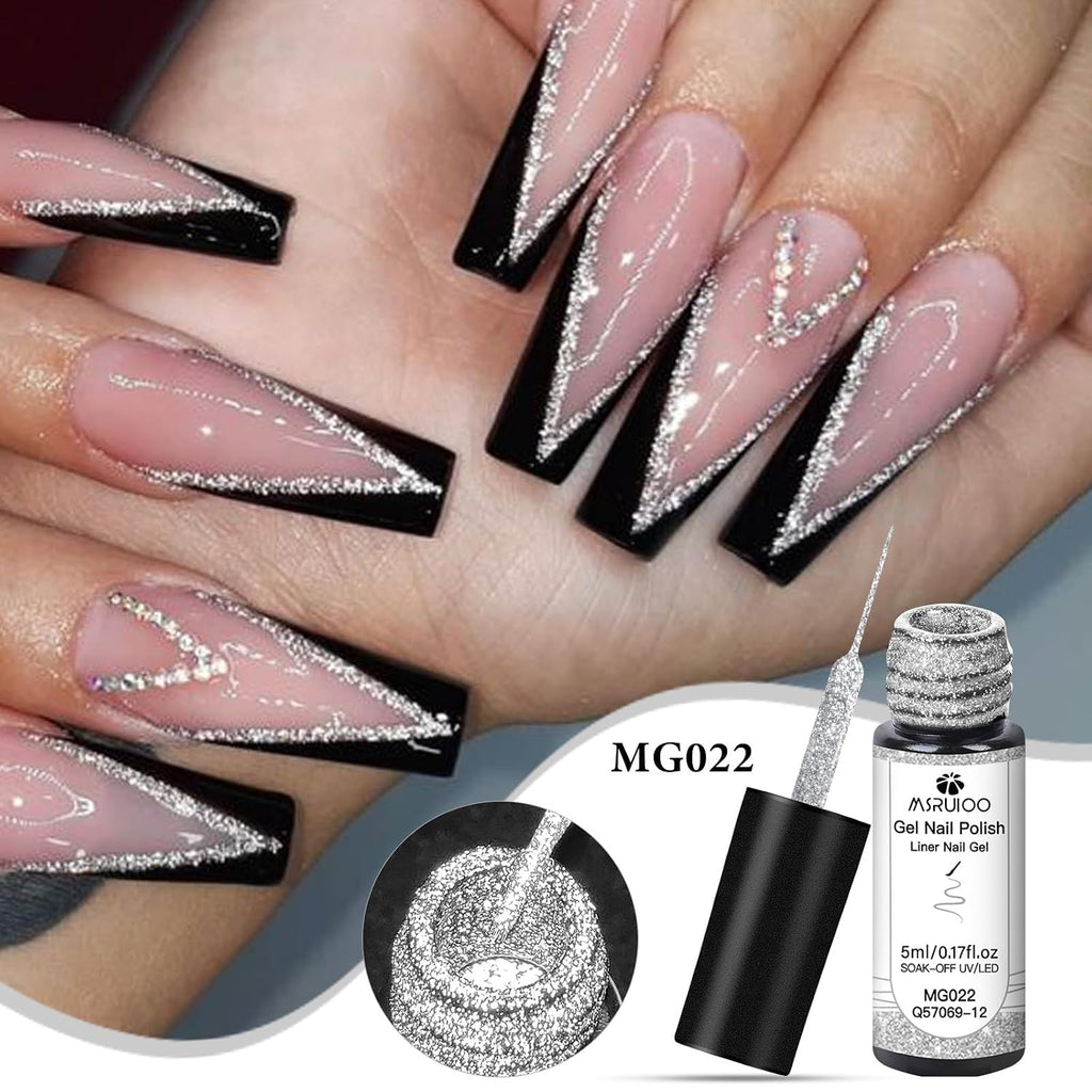 6Pcs Nail Art Gel Liner Glitter Gel Nail Polish Soak off Uv Lamp for Thin French Line Nails Manicure Nails Art Brush Paint Manicure at Home