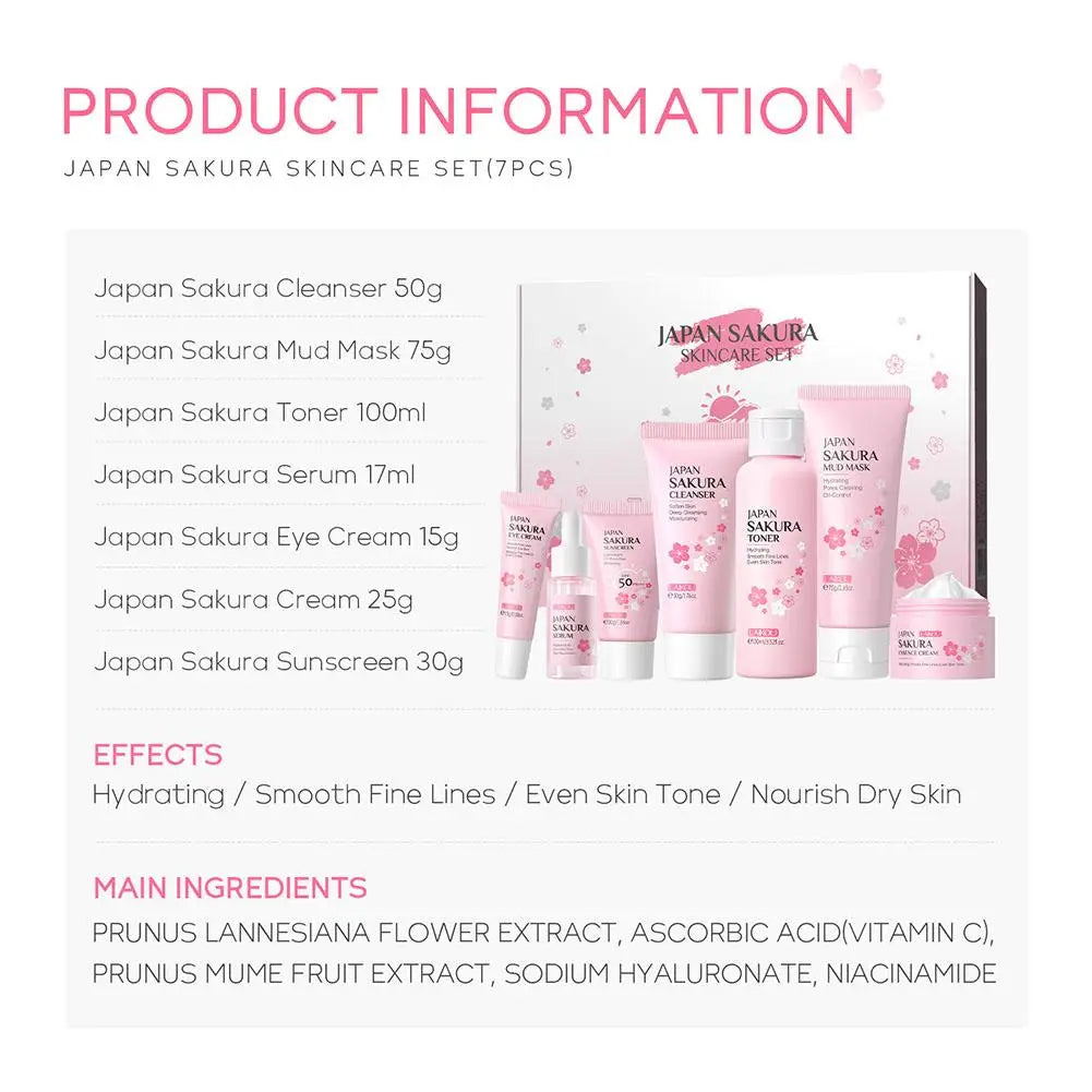 7Pcs Facial Skin Care Set Gentle Skin Cleaning Travel Skincare Set for Girls W/ Cleanser Toner Face Serum Cream Eye Cream