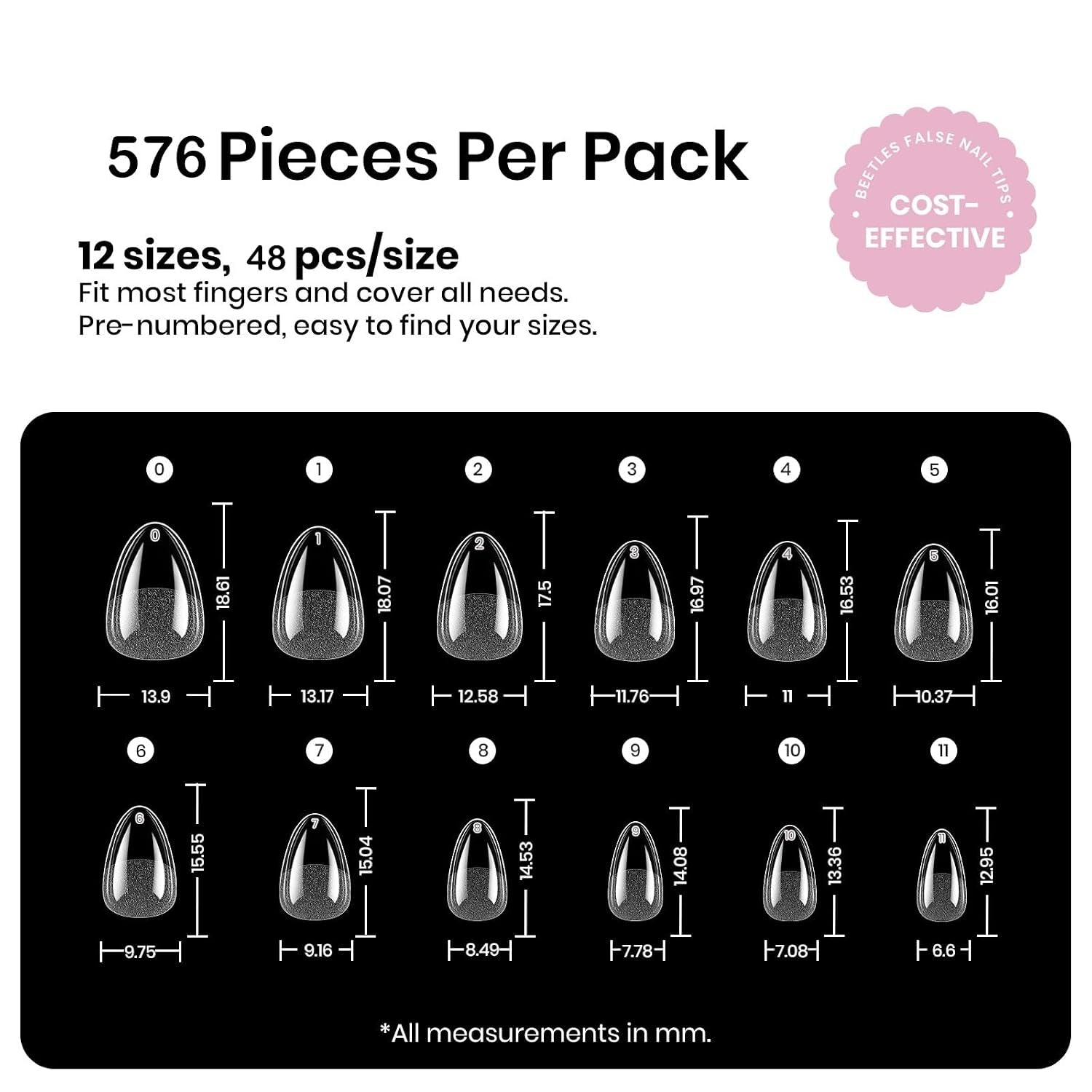 Beetles Gel Nail Tips 576Pcs Extra Short Almond Fake Nails Etch-X
