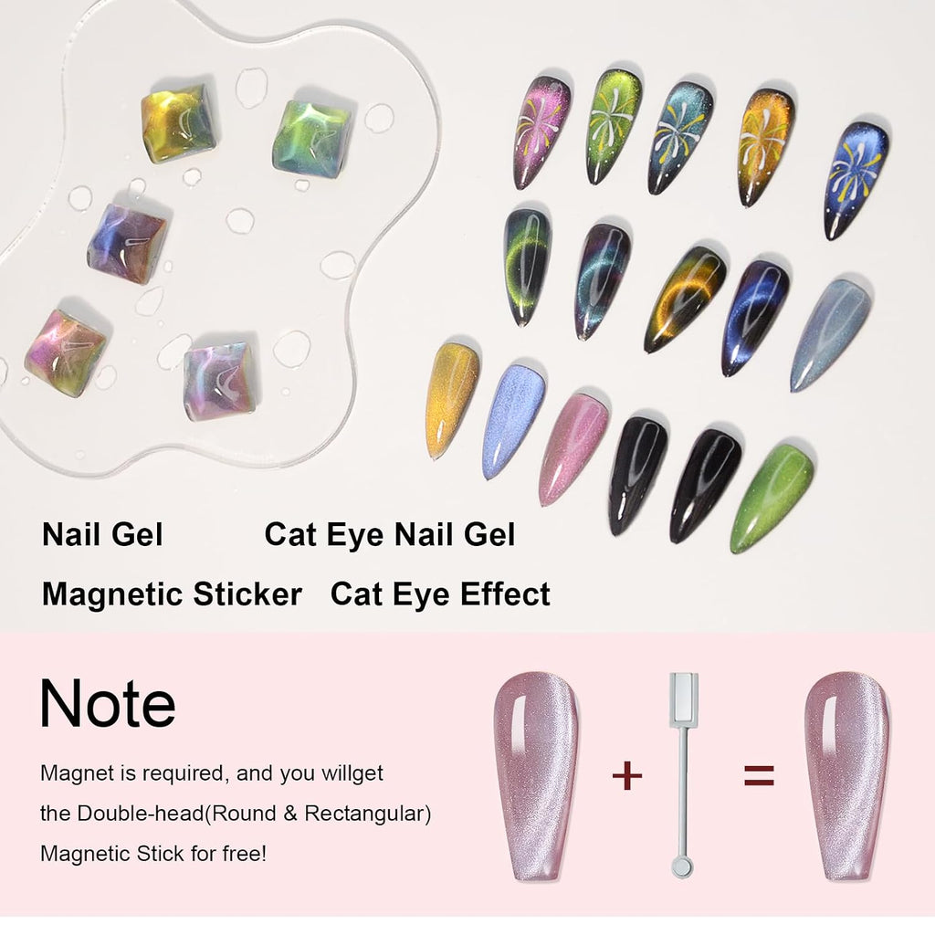 9D Cat Eye Gel Nail Polish, 7.5Ml*6 with Magnets Stick, Galaxy Chameleon Effect Silky Cat Eye Nail Gel Soak off Nail Art Salon Manicure Home Ladies Gift
