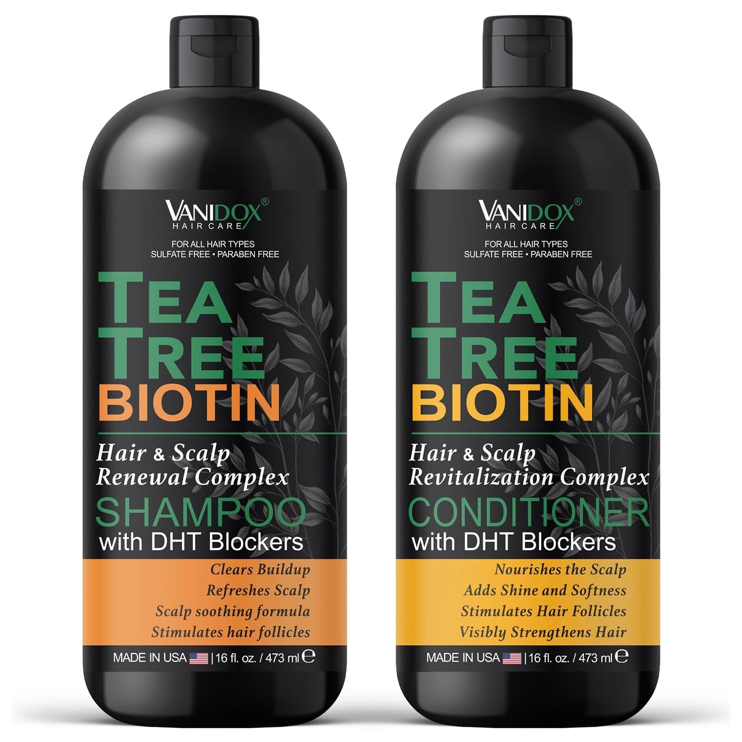 Tea Tree Oil Shampoo and Conditioner Set with Biotin, DHT Blockers, Itchy Scalp Relief, Supports Thicker-Looking Hair, Cleanses Dandruff & Buildup, for Men & Women, Made in USA, 16 Fl Oz Each