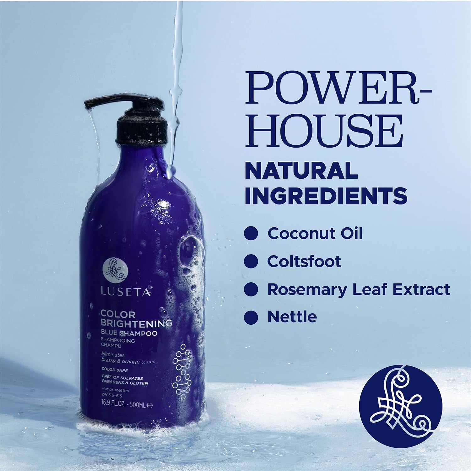 Color Brightening Blue Shampoo for Brunettes and Brassy Orange Tones, Hair Care Routine Shmapoo for Color Treated Hair, Sulfate Phosphate & Paraben Free 16.9Oz
