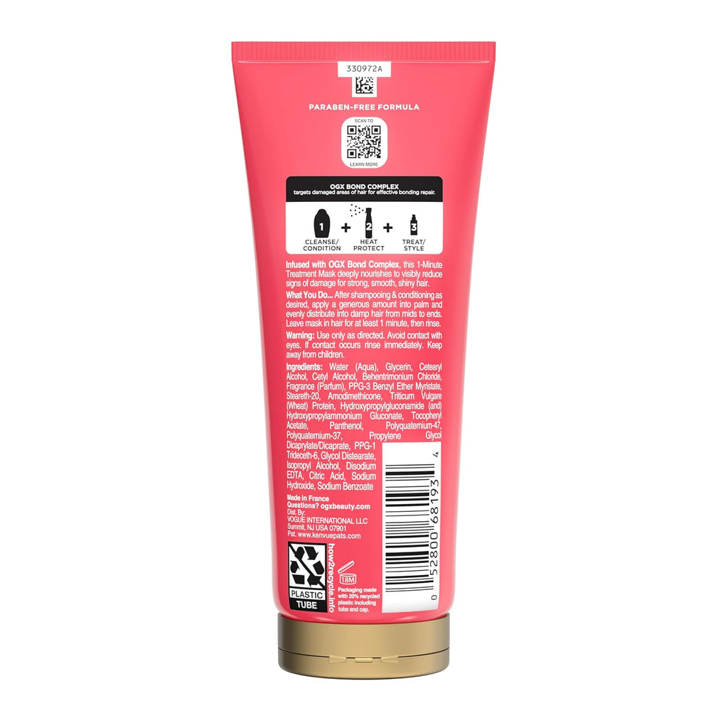 OGX Repair & Protect Bond Protein Repair 1-Minute Treatment Mask, Deep Conditioning Hair Mask Rapidly Repairs for Shiny, Smooth Hair That Lasts between Washes, 6.7 Fl. Oz