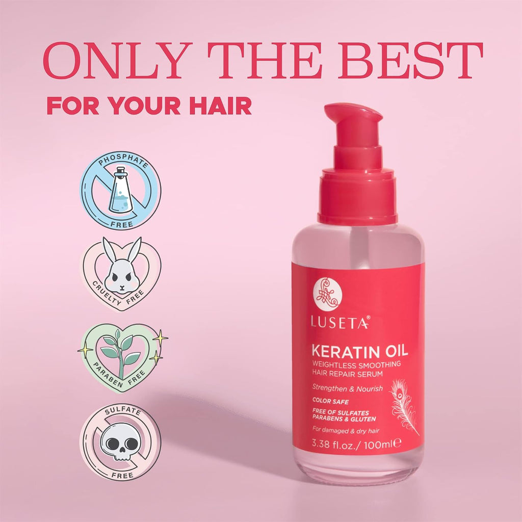 Luseta Keratin Hair Oil Serum for Dry Damaged Color Treated Hair 3.38 Oz | Weightless Keratin Hair Oil Helps Smooth Frizz, Add Shine, and Condition Dry Ends for Softer-Looking Hair.
