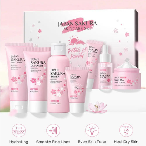 7Pcs Facial Skin Care Set Gentle Skin Cleaning Travel Skincare Set for Girls W/ Cleanser Toner Face Serum Cream Eye Cream