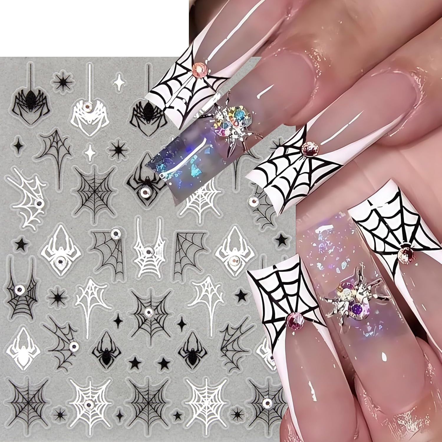 8Sheets Halloween Nail Stickers for Nail Art Black White Spider Web Nail Decals Black Pink Stars Love Rhinestones Spider Design Nail Supplies Bats Nail Art Stickers for Women DIY Manicure Decorations