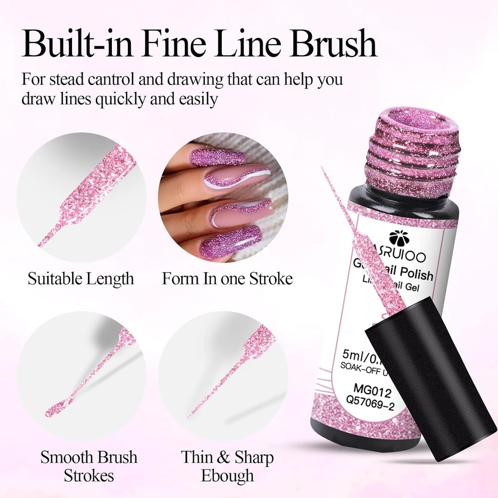 6Pcs Nail Art Gel Liner Glitter Gel Nail Polish Soak off Uv Lamp for Thin French Line Nails Manicure Nails Art Brush Paint Manicure at Home