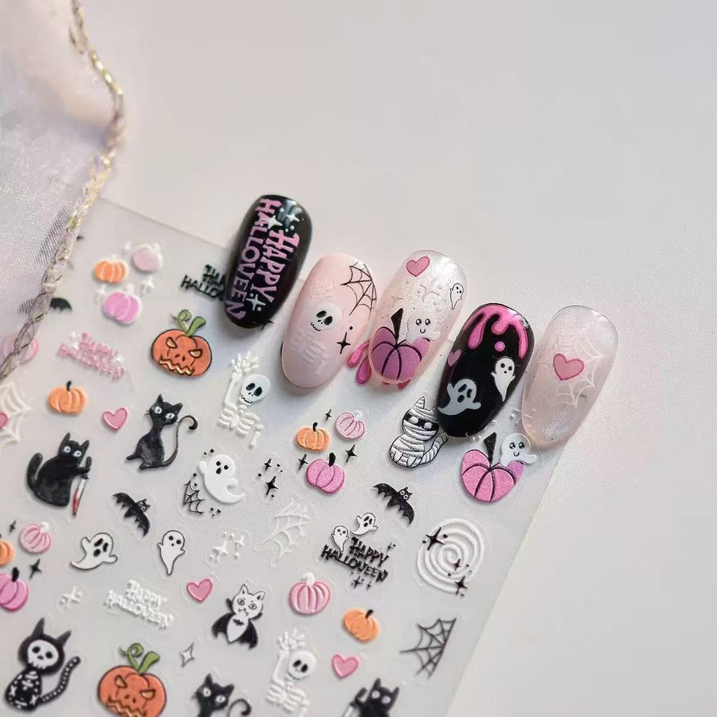 Halloween Ghost Nail Art Stickers 5D Embossed Pumpkin Nail Stickers Self-Adhesive Skull Flower Nail Decals Spider Spider Web DIY Holiday Party Nail Supplies Accessories for Women and Kids 2 Sheet