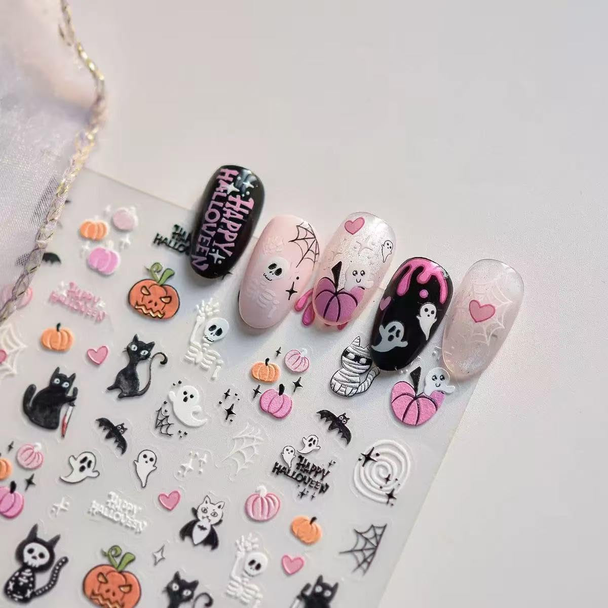 Halloween Ghost Nail Art Stickers 5D Embossed Pumpkin Nail Stickers Self-Adhesive Skull Flower Nail Decals Spider Spider Web DIY Holiday Party Nail Supplies Accessories for Women and Kids 2 Sheet