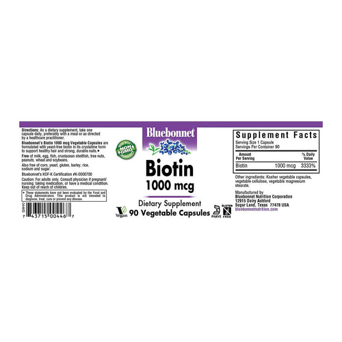 Bluebonnet Biotin 1000 Mcg 90 Veg Capsules